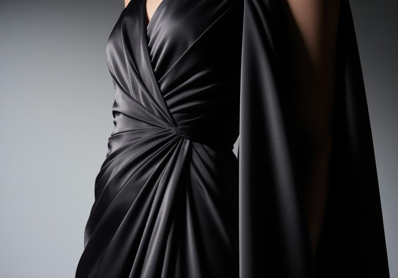 Close-up of an intricate charcoal silk evening gown on a mannequin