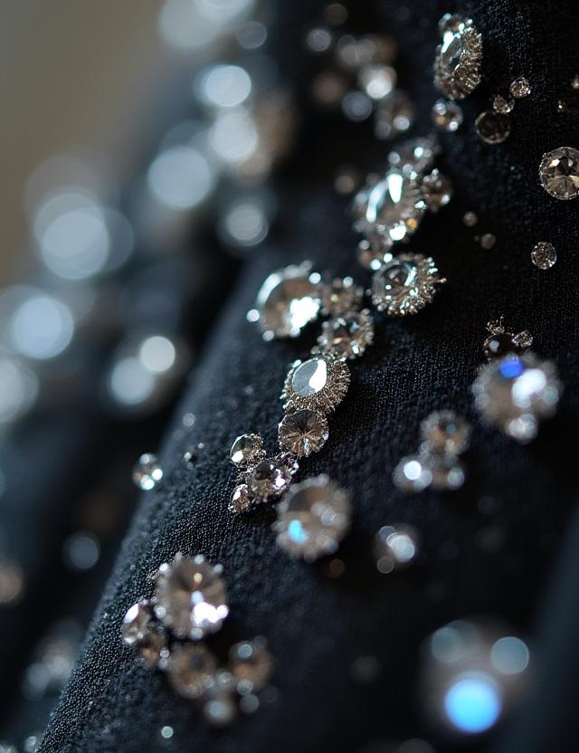 Detailed shot of hand-sewn embellishments on fine tulle